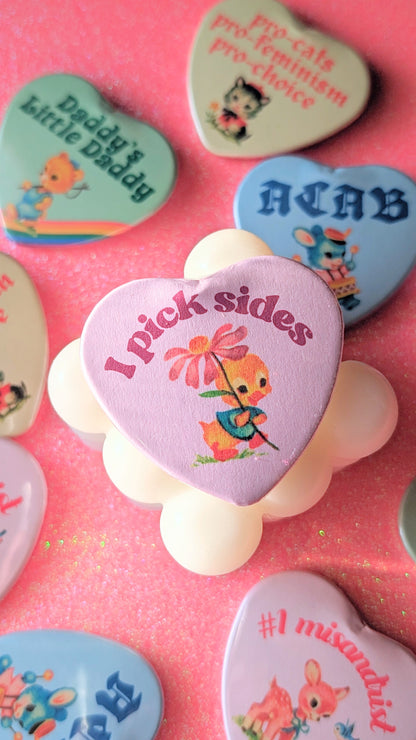 I Pick Sides Heart Shaped Button Pin