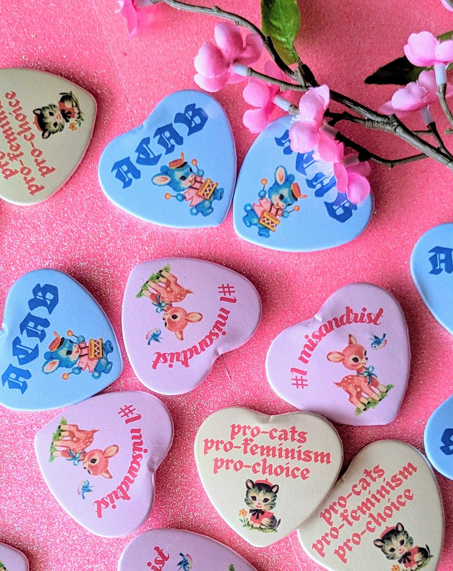 Pro-Cats, Pro-Feminism, Pro-Choice Heart Shaped Button Pin